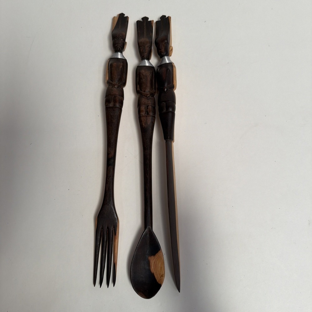 Vintage Wooden Hand-carved‎ Tribal African Spoon, Fork And Knife Art Deco 16"